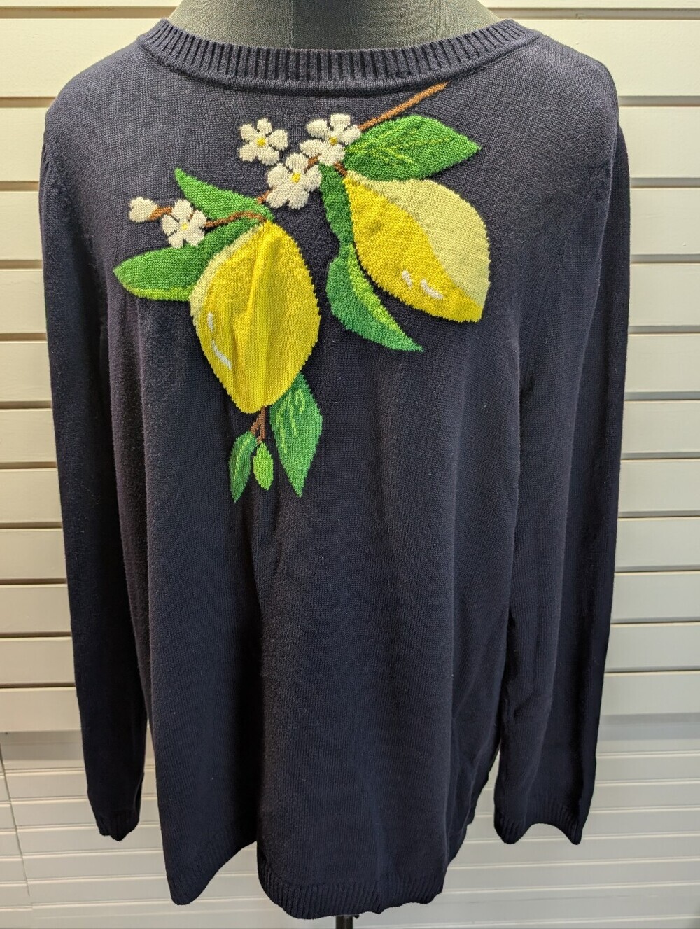 Talbots Plus Fresh Lemons Intarsia Sweater Navy Blue 2X EUC - Picture 3 of 7